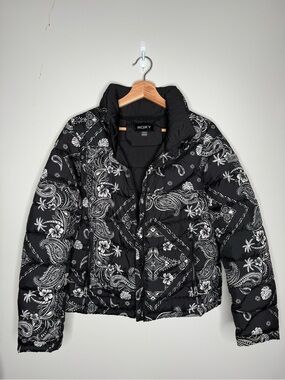 Roxy Black & White Paisley Quilted Puffer Jacket